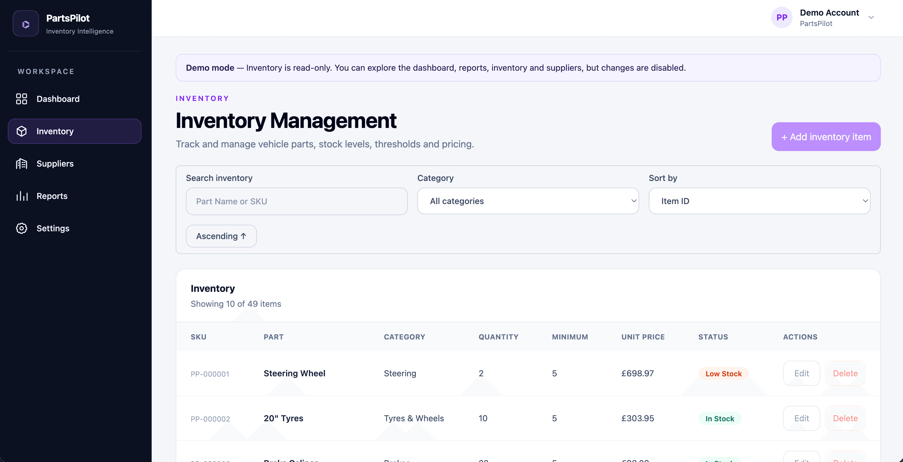 PartsPilot inventory management interface with search, filtering and stock controls